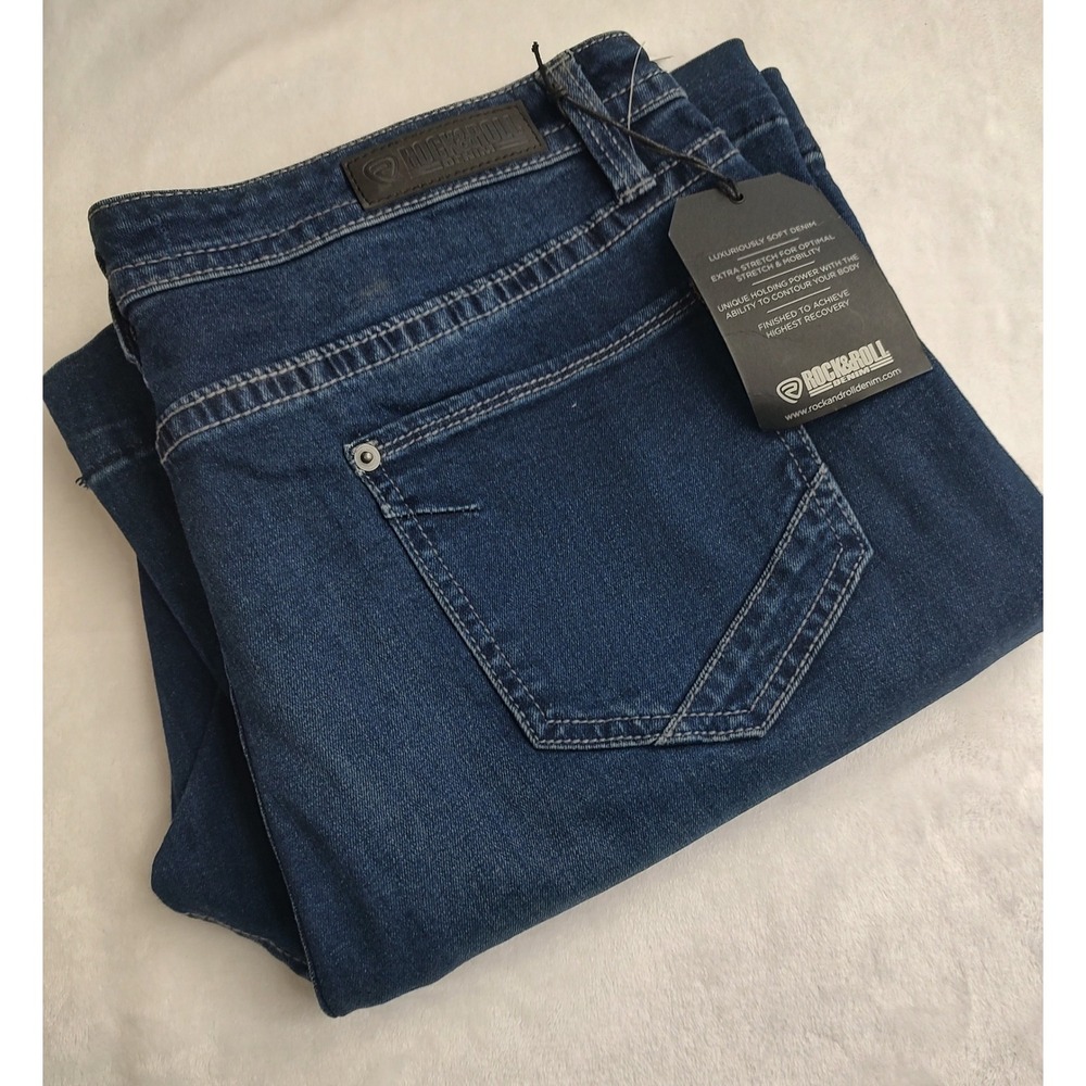 Rock & Roll Denim Women High Rise Trouser Flare Jeans W 36 L 32 Blue Stretch